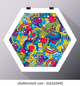 Psychdelic Art Poster Painting Art White Frame Hanging on the Wall with Binder Clips and Ropes Mock Up Template Layout Vector Art Design