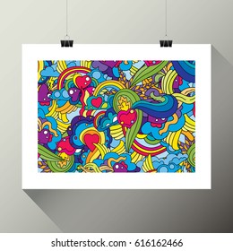 Psychdelic Art Poster Painting Art White Frame Hanging on the Wall with Binder Clips and Ropes Mock Up Template Layout Vector Art Design