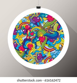 Psychdelic Art Poster Painting Art White Frame Hanging on the Wall with Binder Clips and Ropes Mock Up Template Layout Vector Art Design