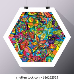 Psychdelic Art Poster Painting Art White Frame Hanging on the Wall with Binder Clips and Ropes Mock Up Template Layout Vector Art Design