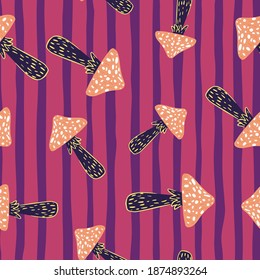 Psychdelic seamless pattern with orange and black colored magic mushrooms. Pink striped background. Decorative backdrop for fabric design, textile print, wrapping, cover. Vector illustration.