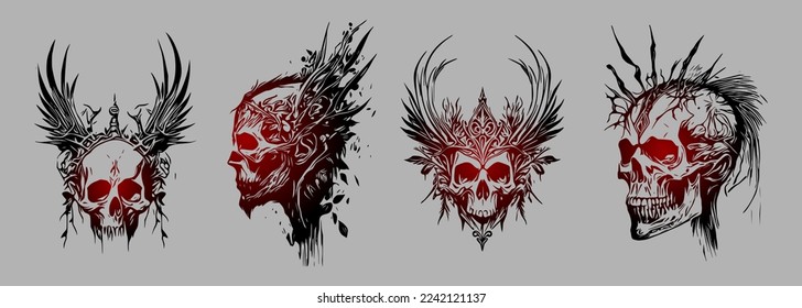 Psychecdelic Skull face, front view and side view. Ink black and red drawing. Vector illustration