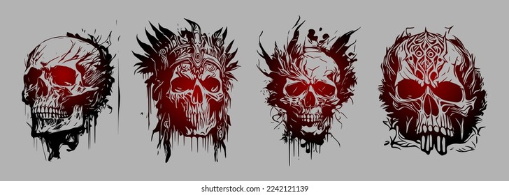 Psychecdelic Skull face, front view and side view. Ink black and red drawing. Vector illustration