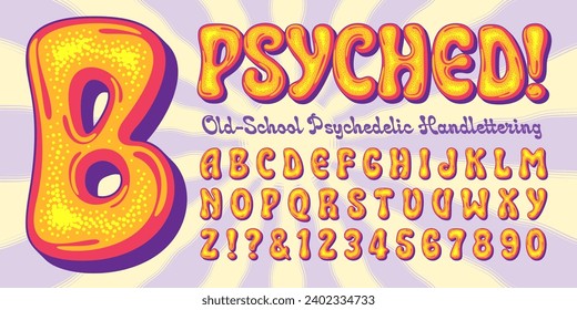 Psyched; a classic old school psychedelic handlettering style with rounded letters, swirly inlines, and stippled dots. Bright saturated color scheme is great for posters and album covers.