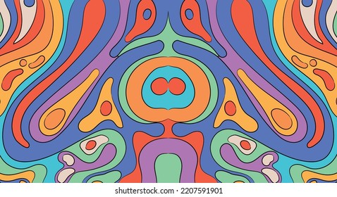 Psychedelic 1960 retro background vector pattern. 1960s Hippie Wallpaper Design. Trippy Glitchy Background for Psychedelic 60s-70s Parties with Pastel Rainbow Colors and Groov