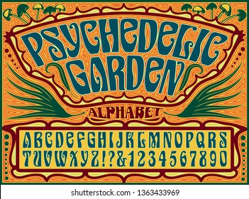 A psychedelic 1960s style hippie alphabet with an ornate background design incorporating cannabis leaves and psilocybin mushrooms