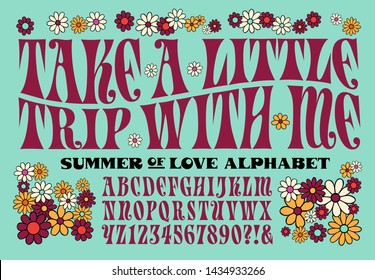 A psychedelic 1960s style hippie alphabet; also includes flower graphics