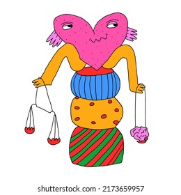 psychedelic 1970 -  groovy character.Cool heart with eye, shapes, scales.mind and feelings, heart and brain.Punk rock Cupid dude hippie style.Funky 70s good vibes,trippy art.Modern naive concept.