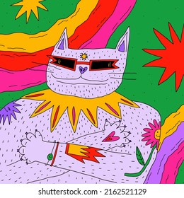psychedelic 1970 - groovy postcard with cat.Cool poster with rainbow, star, quirky character, dude.Punk rock square postcard in hippie style.Funky 70s good vibes,trippy art.Modern naive concept