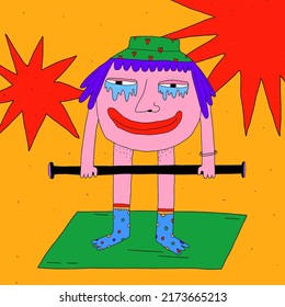 psychedelic 1970- groovy sport poster.Funky 70s good vibes,trippy art.Funny poster of an abstract character in training.The guy lifts the barbell and muscle pain.hard pump workout.Modern naive concept