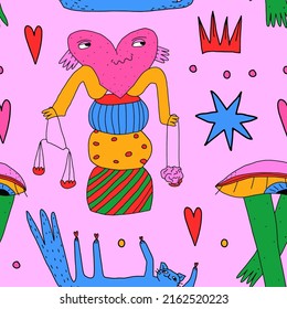 psychedelic 1970 - seamless pattern.Cool ornament with heart, stars, quirky characters, dudes, eye.Punk rock square pattern in hippie style.Funky 70s good vibes,trippy art.Modern naive concept