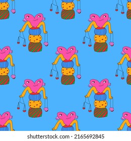 psychedelic 1970 - seamless quirky pattern.Cool ornament with heart characters.Punk rock square pattern in hippie style.Funky 70s good vibes,trippy art.Modern naive concept