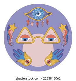 Psychedelic 1970 vibe round cover for box, bottle. Mystic unearthly trippy retro design with text space. Shooting stars, magic eye glasses, dream catcher and fatima hand elements. Vector illustration.