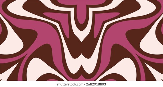 Un patrón ondulado abstracto inspirado en la década de 1970 psicodélico con ricos colores rosa baya, marrón chocolate profundo y crema suave con un diseño simétrico de espejo para una estética vintage.