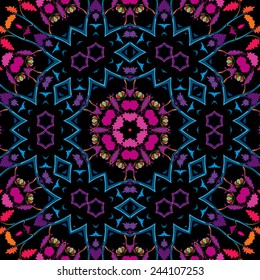 Psychedelic 60s hippie floral seamless pattern vector illustration