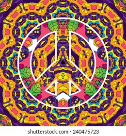 Psychedelic 60s hippie jungle cats peace symbol seamless pattern vector illustration