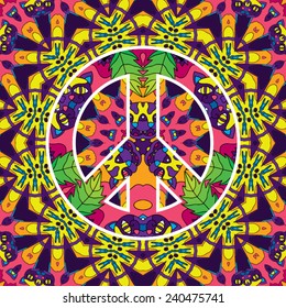 Psychedelic 60s hippie jungle cats peace symbol seamless pattern vector illustration