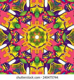 Psychedelic 60s hippie jungle cats seamless pattern vector illustration