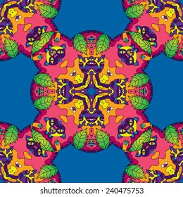 Psychedelic 60s hippie jungle cats seamless pattern vector illustration
