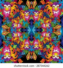 Psychedelic 60s hippie jungle trippy seamless texture vector illustration