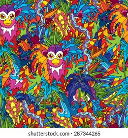 Psychedelic 60s hippie jungle trippy seamless texture vector illustration