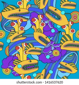 psychedelic 60s hippie seamless pattern with fish