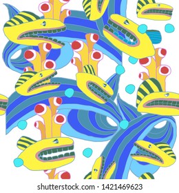 Psychedelic 60s hippie seamless pattern with fish. Marine theme. Hand-drawn illustration.