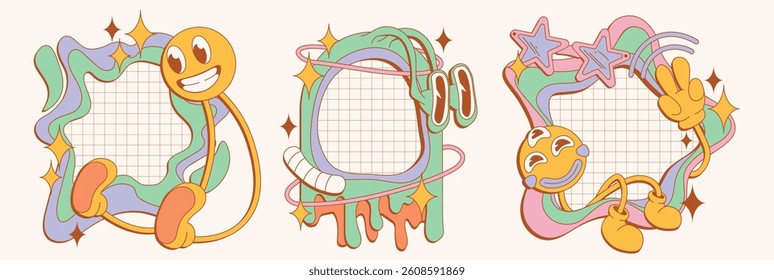 Psychedelic 70s groovy retro frames - colorful wavy shapes decorated with stars, characters with smiling faces, pastel colors. Hippie trippy style decorative elements for graphic design projects.