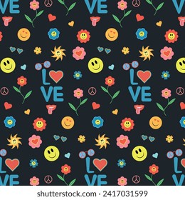 Psychedelic 70s hippie love  pattern with funny cartoon flower rainbow world . Fashionable retro funk cartoon with good atmosphere 