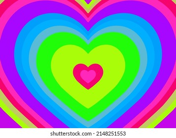 Psychedelic the 70's style background with neon acid colored hearts.