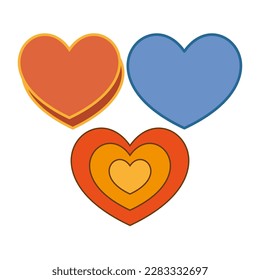 Psychedelic the 70s style background with vector icon colored heart. Red, yellow and blue smile face. Love theme retro old