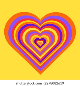 Estilo psicodélico de los años 70 con corazones de colores vivos. Vector.