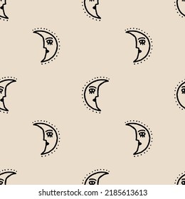 Psychedelic 70s style hippie groovy crescent moon face vintage seamless pattern, funny vector background.