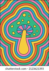 Psychedelic 70's style poster with cartoon vivid mushroom. Vector illustration.