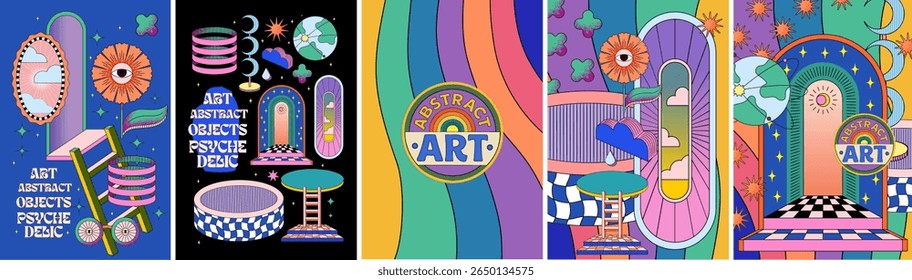 Psychedelic abstract art. Vector illustrations of geometric groove retro objects, otherworldly portal, entrance with arch, pattern from surreal dreams and fantasy for poster, card, cover or background