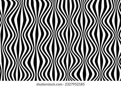 Psychedelic abstract background in black and white. Optical illusion. Wavy striped lines for fabrics, paper, packaging. Modern design, graphic texture. Minimalist vector illustration