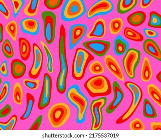 Fondo psicodélico abstracto con círculos de fusión coloridos en estilo hippie retro de los años 70.