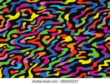 Psychedelic Abstract Background. Neon colors and black pattern. Vector illustration for surface design, print, poster, icon, web, graphic designs.