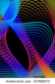 Psychedelic abstract black background with multicolored wavy rainbow overlapping curves
