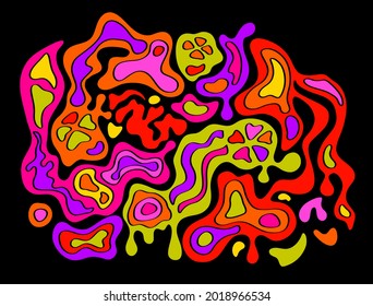 Psychedelic abstract colorful citrus fruits illustration. Fantasy surreal wavy art. Vaporware vibrant doodle