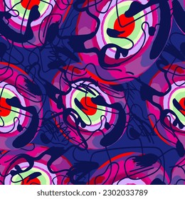 Psychedelic abstract colorful pattern with chaotic rounds and wave lines