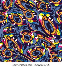 Psychedelic abstract colorful pattern with chaotic rounds and wave lines