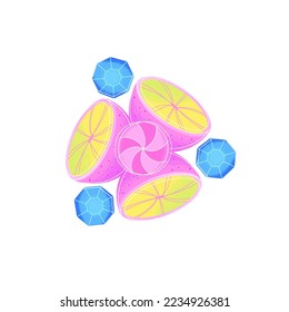 Psychedelic abstract composition with citrus fruit and diamonds isolated on white background. Contemporary Art. Strange surreal design. Cover of notebook, print on t-shirt, poster