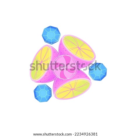 Psychedelic abstract composition with citrus fruit and diamonds isolated on white background. Contemporary Art. Strange surreal design. Cover of notebook, print on t-shirt, poster