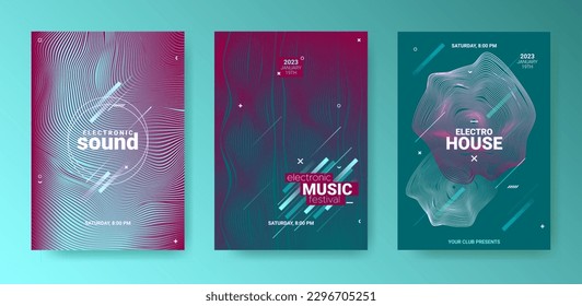 Psychedelic Abstract Dj Flyer. Electro Sound Cover. Techno Dance Poster. Vector Edm Background. 3d Dj Flyer. Minimal Festiv Illustration. Gradient Wave Circle. Geometric Abstract Dj Flyer Set.