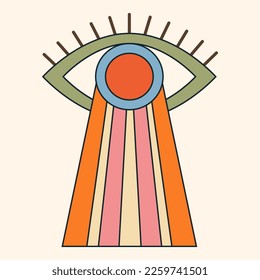Psychedelic Abstract eye with rays graphic element of the 70s style. Groovy retro symbol. Vector illustration design for posters, t-shirt, social media, cards and stickers.