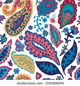 Psychedelic or abstract floral print with vivid colors and biodiversity of plants and leaves. Decorative spring or summer blooming. Background or textile. Seamless pattern, vector in flat style