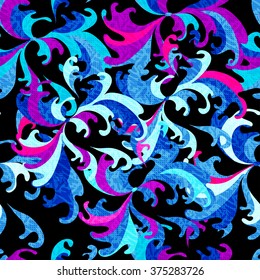 psychedelic abstract flowers on a black background seamless pattern