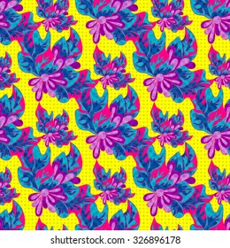 psychedelic abstract flowers on a yellow background seamless pattern vector illustration