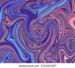 Psychedelische, abstrakte, fließende Wellen in Lila-, Blau- und Neontönen, dynamische Wirbelbewegungen, die einen modernen, digitalen Texturhintergrund für kreative und futuristische Designs schaffen.